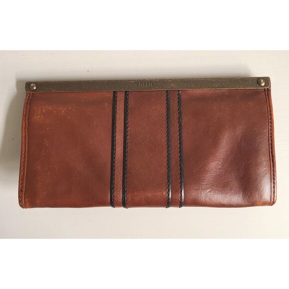 Vintage Fossil Kayla Brown Leather Accordian Clutch Wallet Academia Collegiate - Picture 3 of 6